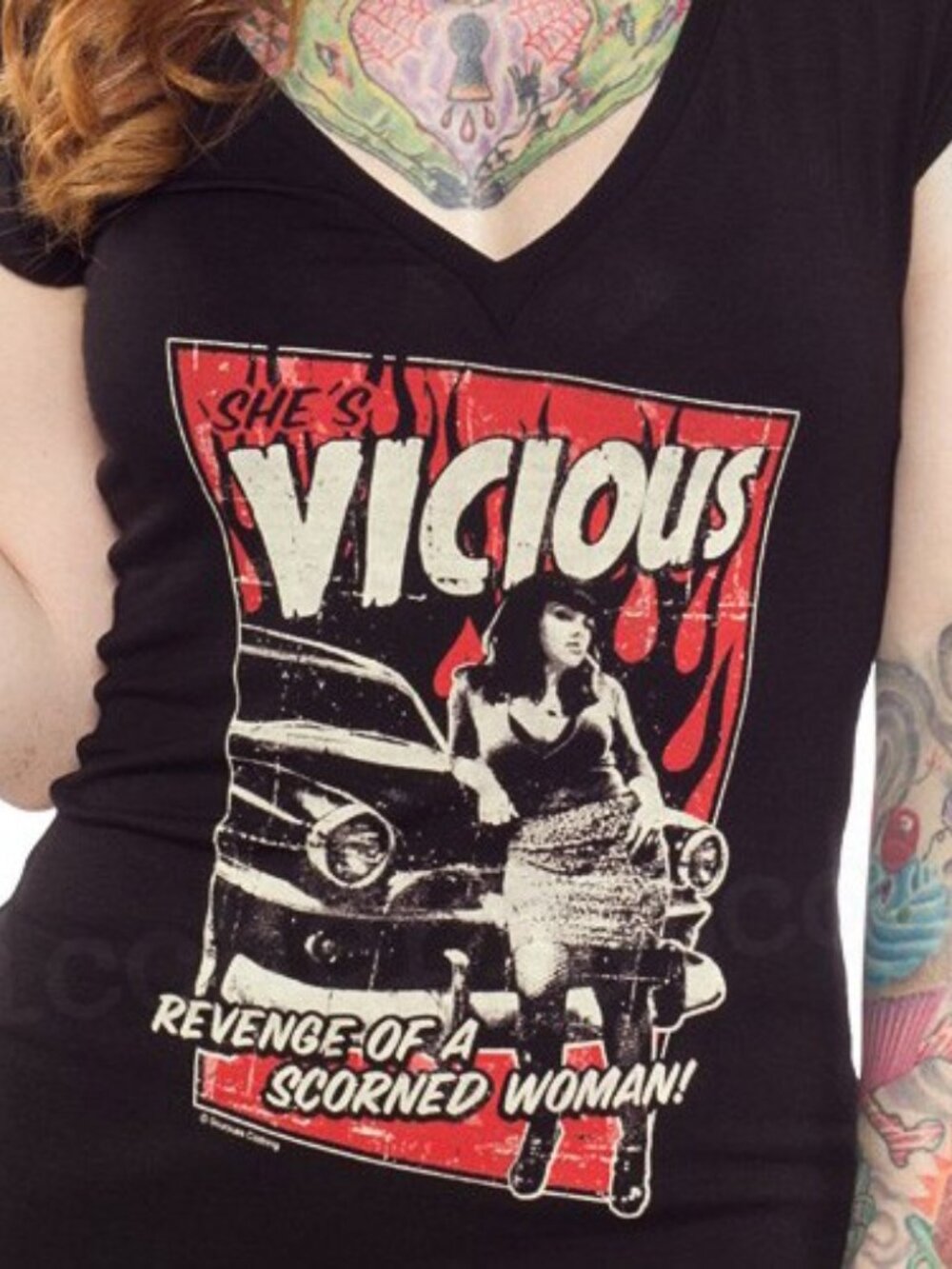 Pinup V-Neck, Black, Jersey, Rockabilly, Short sleeve Tee